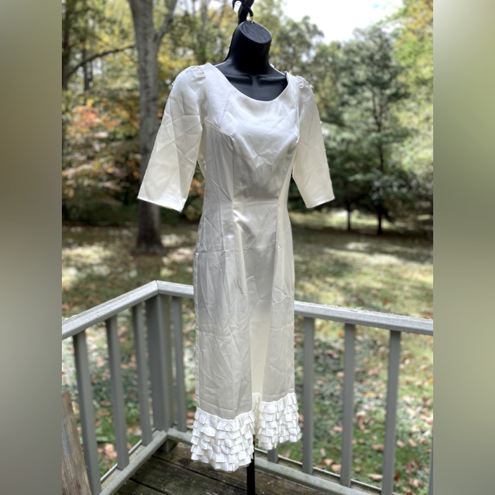 Retro inspired Queen of Hearts white satin summer dress, crinoline lined hem